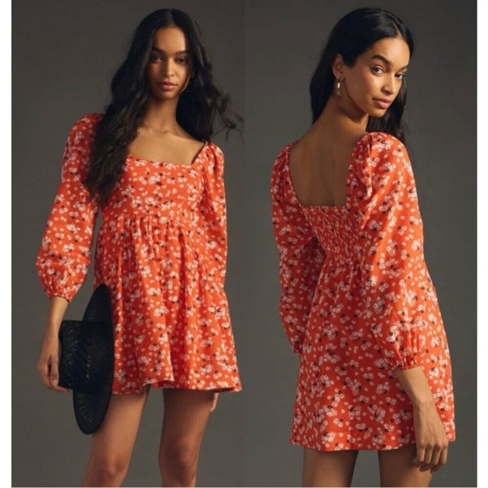 By Anthropologie Puff-Sleeve Floral Orange Dress Size Medium Petite